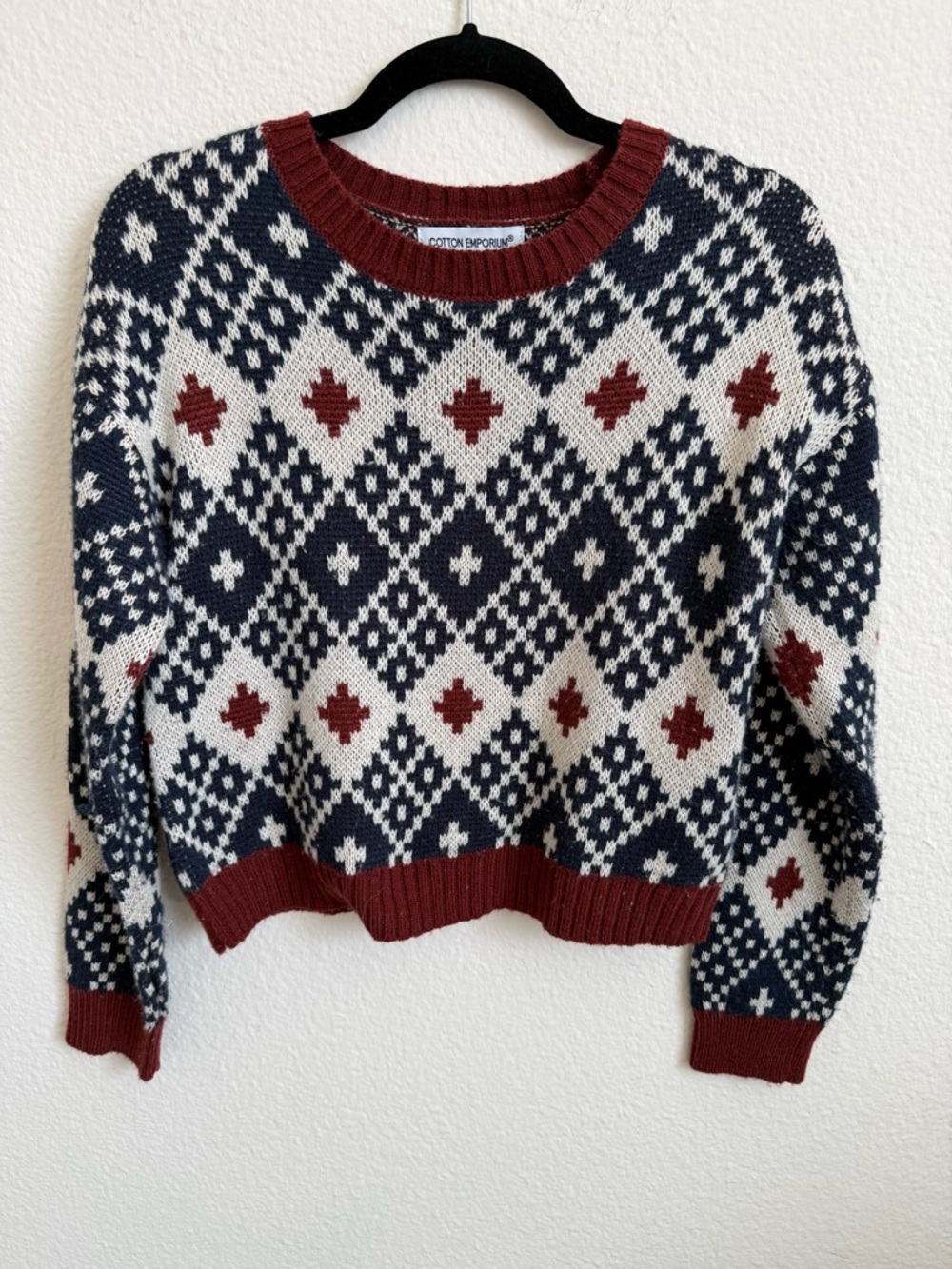 Cotton Emporium Navy, White & Burgundy Fair Isle Crew Sweater